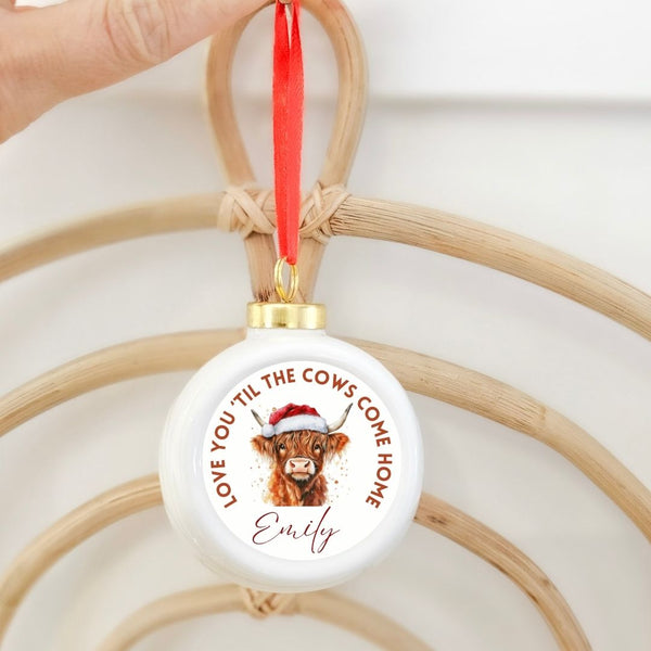 Personalised Highland Cow Ceramic Bauble, Christmas Gifts, Christmas Ornaments