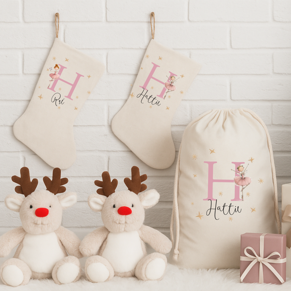 Personalised Fairy Ballerina Christmas Stocking & Sack – Custom Santa Gift Bag for Girls