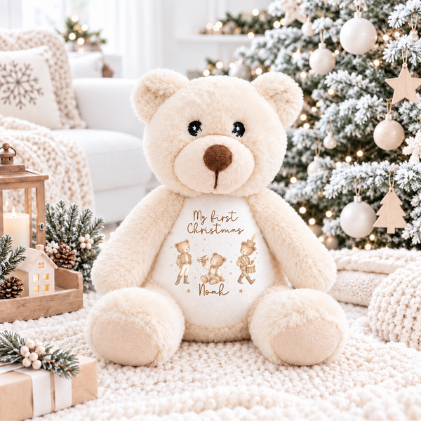 Personalised Bear First Christmas Soft Toy - Reindeer, Present Sack