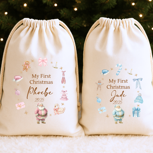 My First Christmas Stockings & Sacks – Personalised Baby’s First Christmas Gift