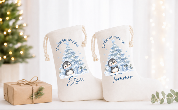Personalised Penguin Christmas Stocking - Baby's First Christmas Keepsake