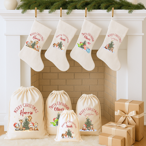 Personalised Christmas Present Sacks for Boys – Dinosaur, Farmyard, Safari & Forest Animal Gift Bags
