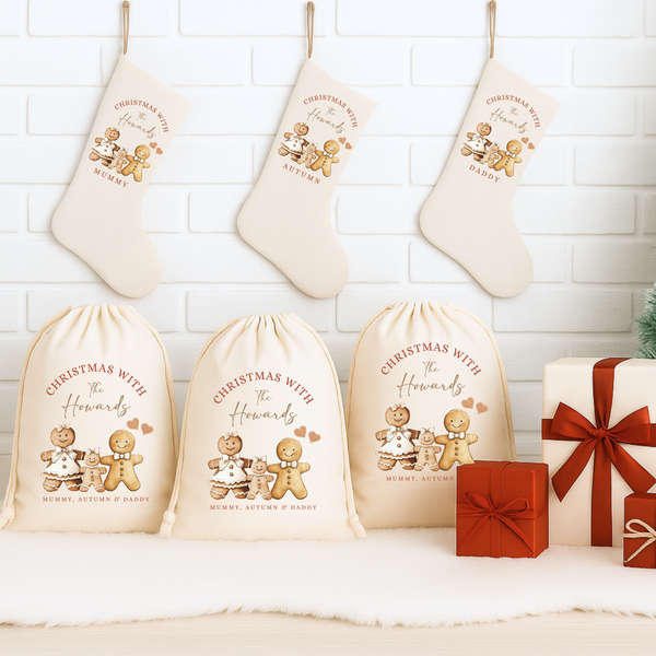 Personalised Christmas Gingerbread Man Family Stockings & Present Sack