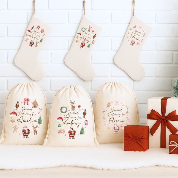 Personalised Christmas Santa Wreath Stockings & Present Sacks