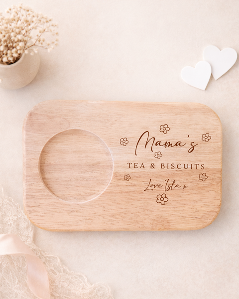 Personalised Wooden Flower Tea & Biscuit Board For Mum