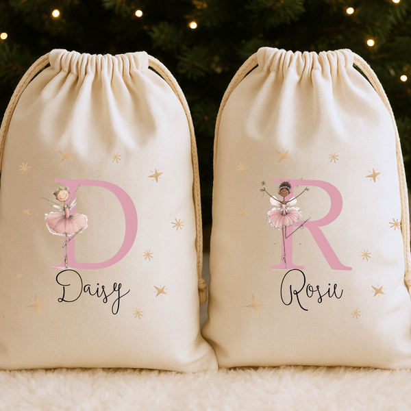 Personalised Fairy Ballerina Christmas Stocking & Sack – Custom Santa Gift Bag for Girls