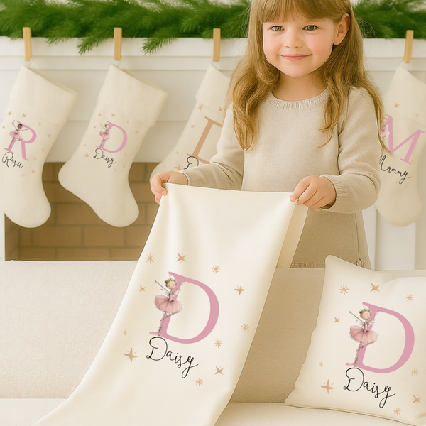 Personalised Fairy Ballerina Christmas Blanket & Cushion – Custom Name Girls’ Festive Throw & Pillow
