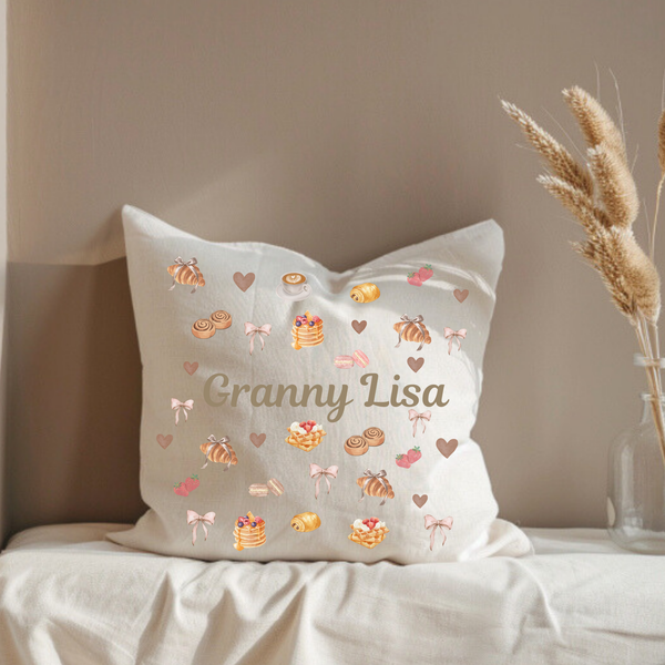 Personalised Breakfast Croissant Cushion For Nanny