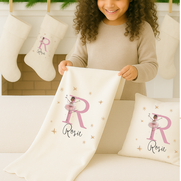 Personalised Fairy Ballerina Christmas Blanket & Cushion – Custom Name Girls’ Festive Throw & Pillow