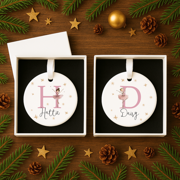 Personalised Fairy & Ballerina Christmas Ornament – Custom Ceramic Bauble with Name