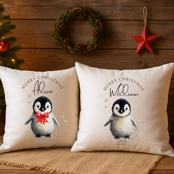 Personalized Penguin Christmas Cushion – Cute Holiday Pillow for Kids, Babies & Winter Home Decor