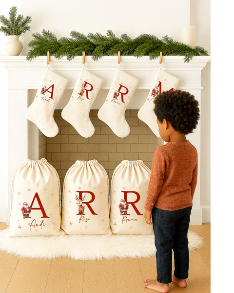 Personalised Initial Christmas Stockings & Present Sacks | Santa, Gingerbread & Reindeer