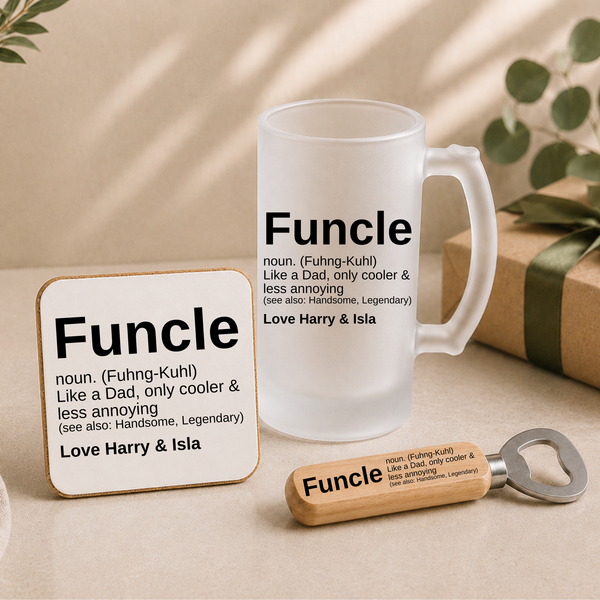 Personalised Funcle Gift – Beer Stein, Bottle Opener & Coaster