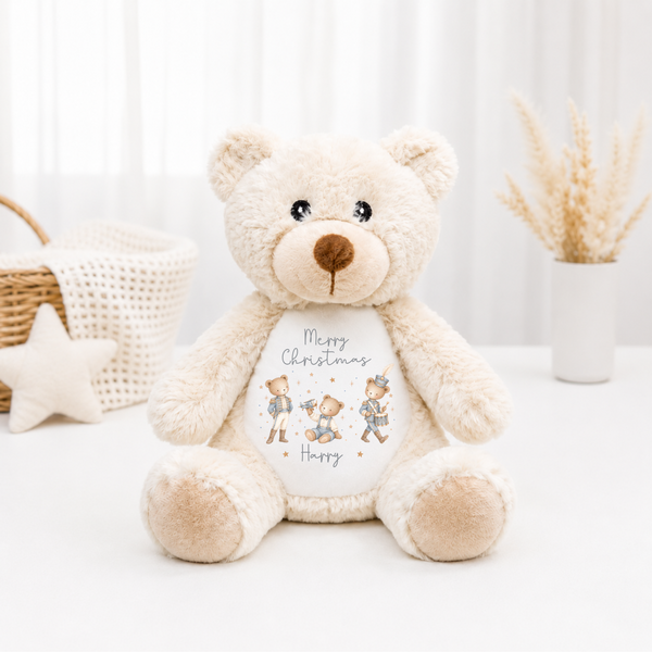 Personalised Bear First Christmas Soft Toy - Reindeer, Present Sack