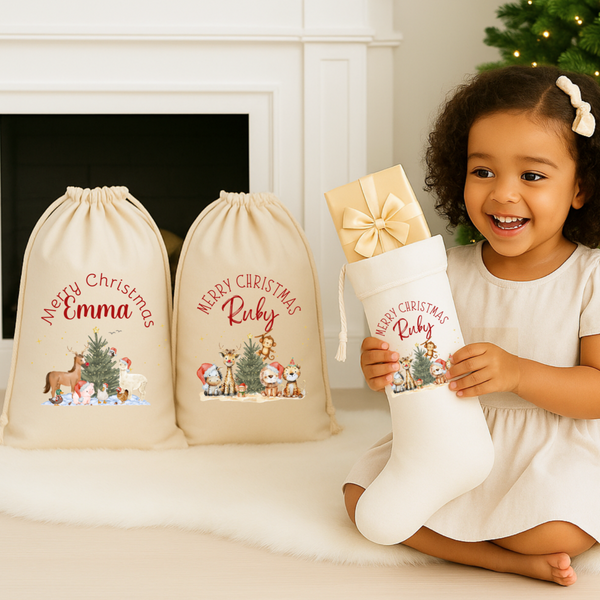 Personalised Christmas Present Sacks for Boys – Dinosaur, Farmyard, Safari & Forest Animal Gift Bags