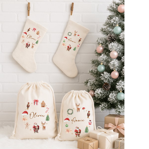 Personalised Christmas Santa Wreath Stockings & Present Sacks