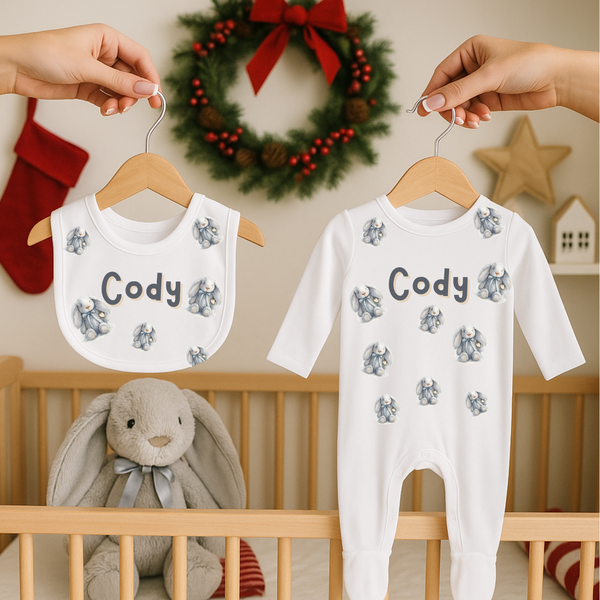 Personalised Custom Favourite Teddy Bear Sleepsuit, Bib & Baby Vest