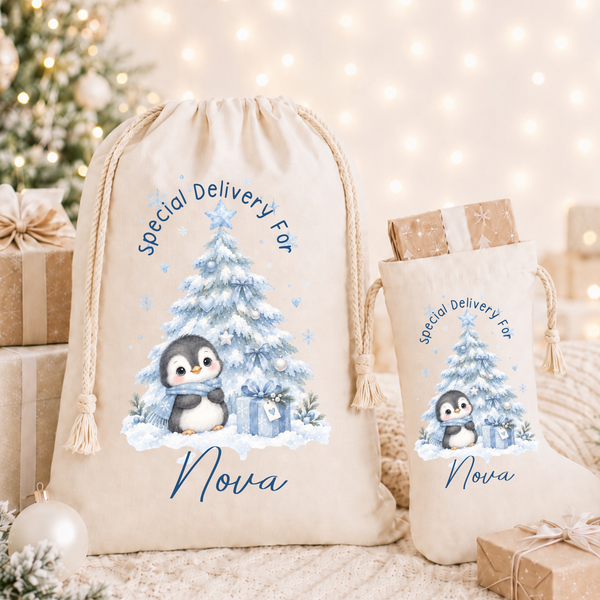 Personalised Penguin Christmas Stocking - Baby's First Christmas Keepsake
