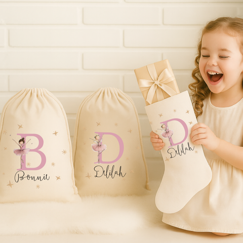 Personalised Fairy Ballerina Christmas Stocking & Sack – Custom Santa Gift Bag for Girls