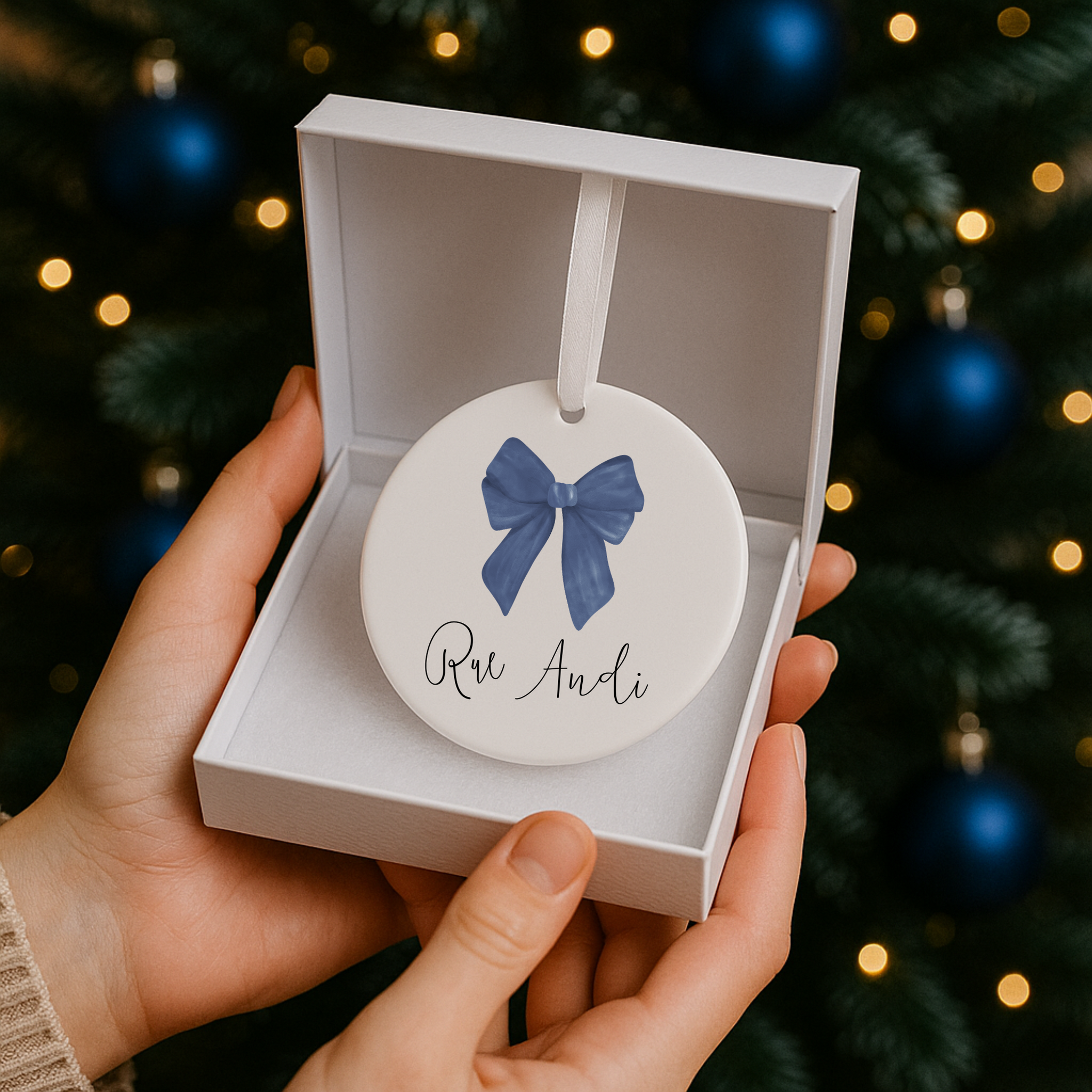 Personalised Family Ribbon Christmas Bauble  – Custom Ceramic Ornament