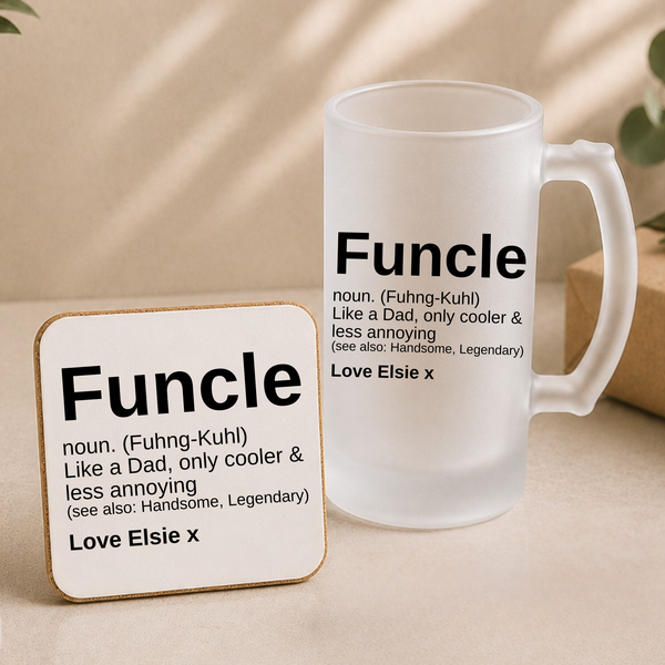 Personalised Funcle Gift – Beer Stein, Bottle Opener & Coaster