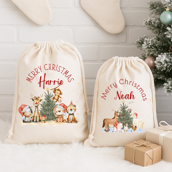 Personalised Christmas Present Sacks for Boys – Dinosaur, Farmyard, Safari & Forest Animal Gift Bags