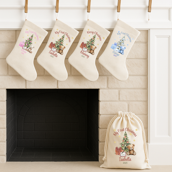 Personalised Teddy Bear Design First Christmas Stockings