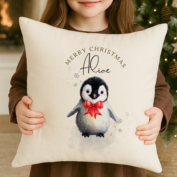 Personalized Penguin Christmas Cushion – Cute Holiday Pillow for Kids, Babies & Winter Home Decor