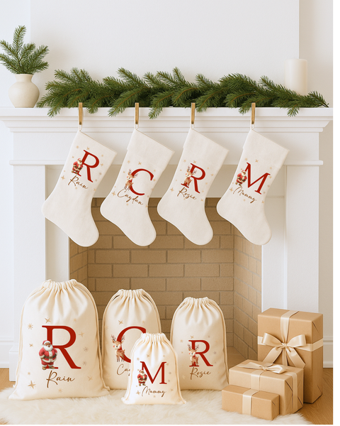 Personalised Initial Christmas Stockings & Present Sacks | Santa, Gingerbread & Reindeer