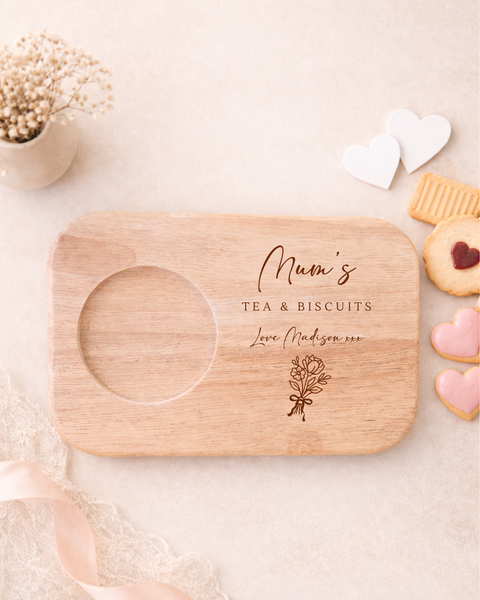 Personalised Wooden Flower Tea & Biscuit Board For Mum