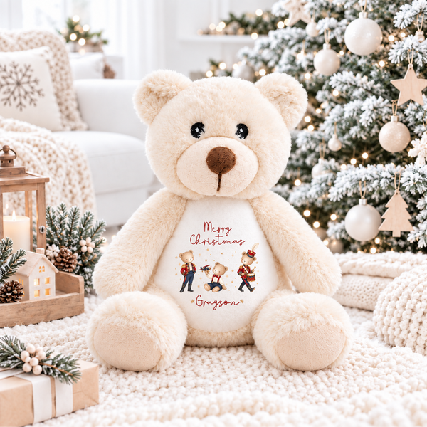 Personalised Bear First Christmas Soft Toy - Reindeer, Present Sack