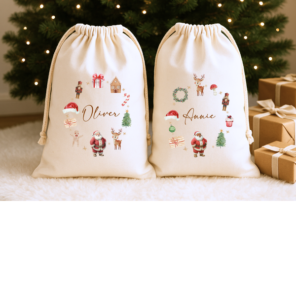 Personalised Christmas Santa Wreath Stockings & Present Sacks
