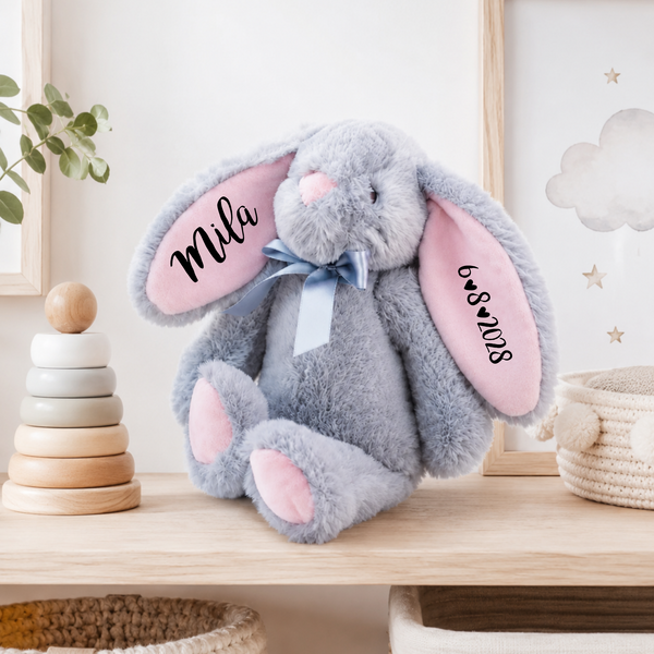 Conejito gris ecológico personalizado con orejas rosas