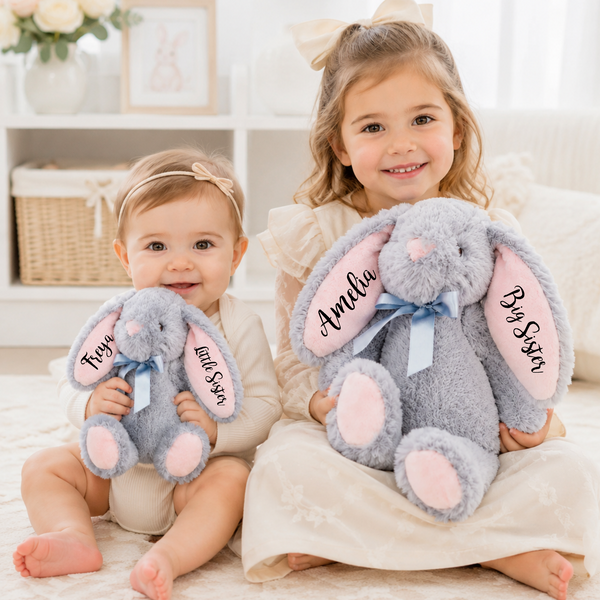 Conejito gris ecológico personalizado con orejas rosas