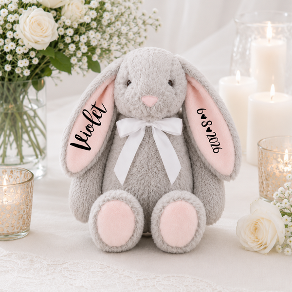 Conejito gris ecológico personalizado con orejas rosas