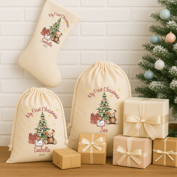Personalised Teddy Bear Design First Christmas Stockings
