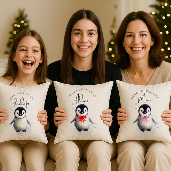 Personalized Penguin Christmas Cushion – Cute Holiday Pillow for Kids, Babies & Winter Home Decor