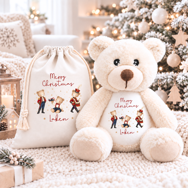Personalised Bear First Christmas Soft Toy - Reindeer, Present Sack