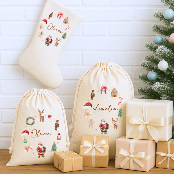 Personalised Christmas Santa Wreath Stockings & Present Sacks