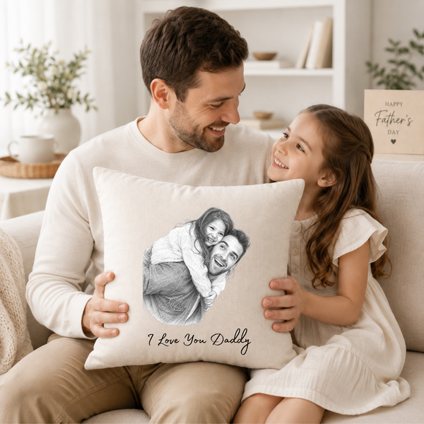 Personalised Photo Sketch Cushion & Blanket – Father's Day Gift for Dad