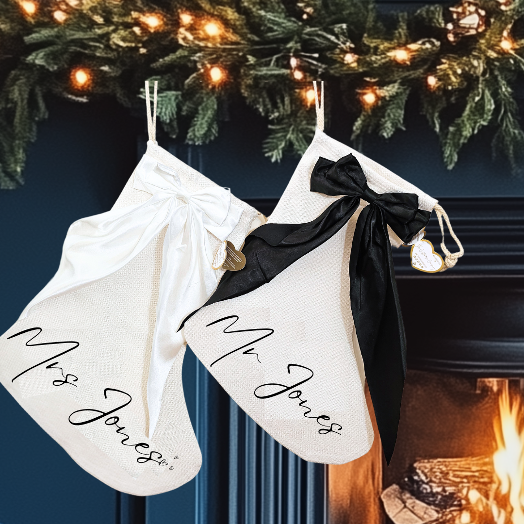 name stocking, bow stocking, christmas sack, christmas 2021, christmas stocking, stocking, stocking filler, stockings, bow, christmas, christmas present, personalised, personalised gifts