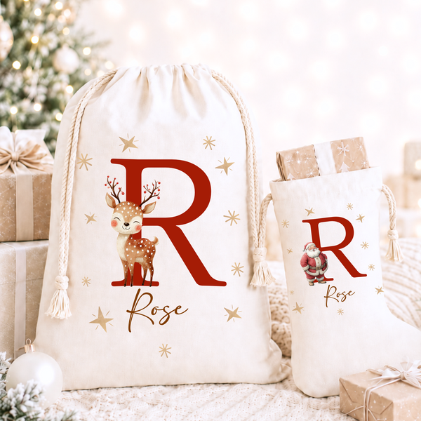 Personalised Initial Christmas Stockings & Present Sacks | Santa, Gingerbread & Reindeer