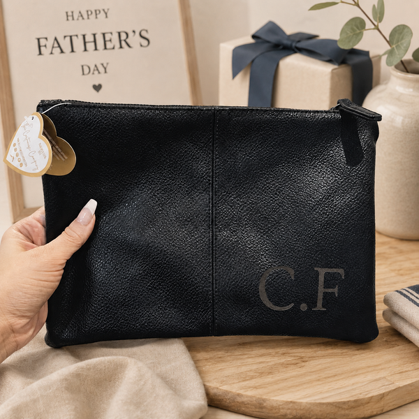 Personalised Leather Wash Bag for Dad – Engraved Mens Toiletry Bag