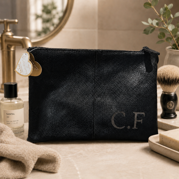 Personalised Leather Wash Bag for Dad – Engraved Mens Toiletry Bag