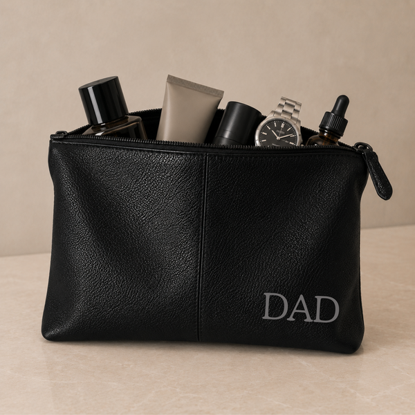 Personalised Leather Wash Bag for Dad – Engraved Mens Toiletry Bag