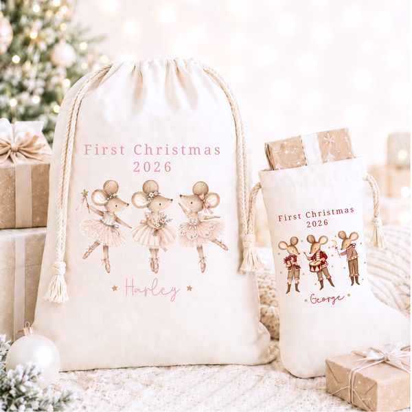 Personalised Baby’s First Christmas Stocking & Sack – Christmas Mice