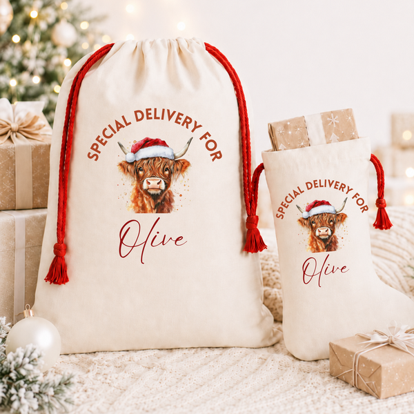 Personalised Highland Cow Christmas Stocking & Present Sack