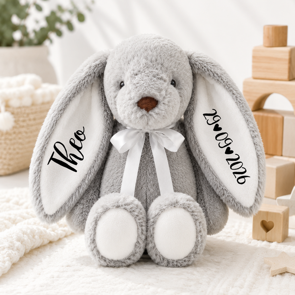 Conejito gris bebé nuevo ecológico personalizado con orejas blancas de 14 pulgadas