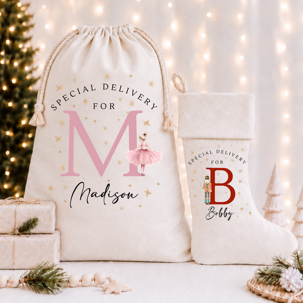 Personalised Christmas Initial Nutcracker Stocking & Present Sack
