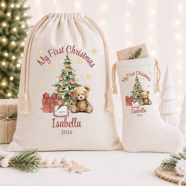 Personalised First Christmas Stocking, Sacks & Toys – Teddy Bear Design